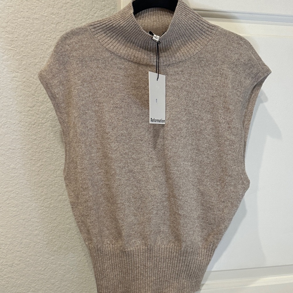 Reformation Sleeveless Mock Sweater Vest Beige Taupe small cashmere